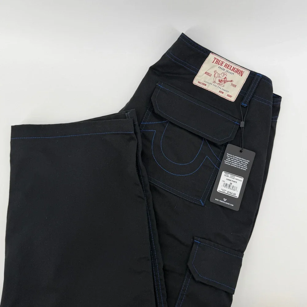 True Religion Mens Cargo Pants 36x32 Black Pacific Blue Contrast Stitch 108335